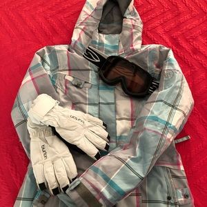 Burton snow jacket, spy goggles and burton gloves